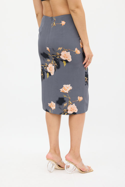 Dries Van Noten Grey 
Multi Silk Floral Skirt