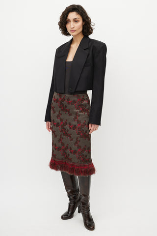 Dries Van Noten Grey 
Red Floral Jacquard Fringe Skirt