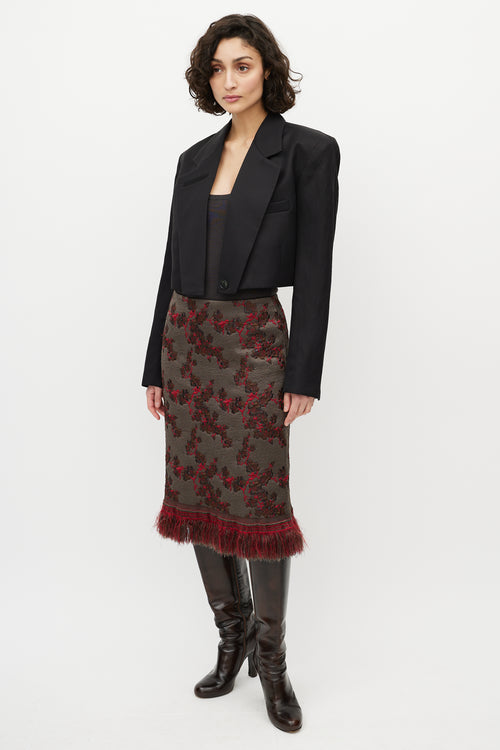 Dries Van Noten Grey 
Red Floral Jacquard Fringe Skirt