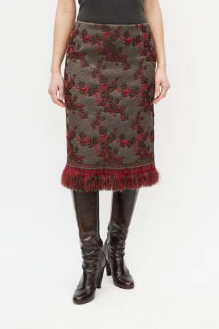 Dries Van Noten Grey 
Red Floral Jacquard Fringe Skirt