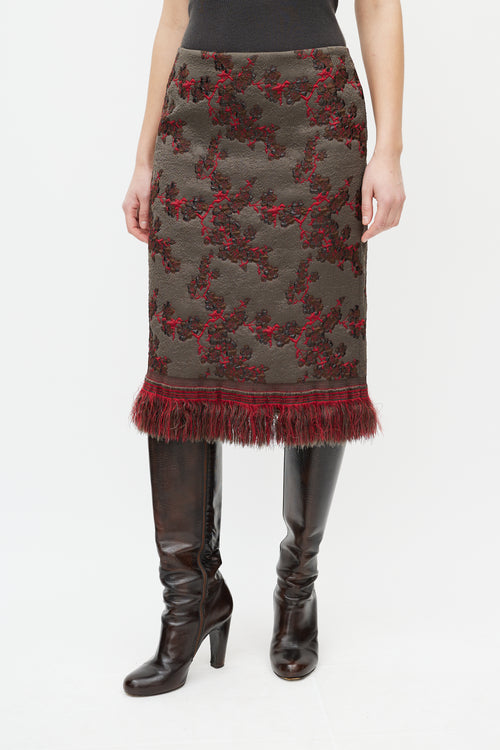 Dries Van Noten Grey 
Red Floral Jacquard Fringe Skirt