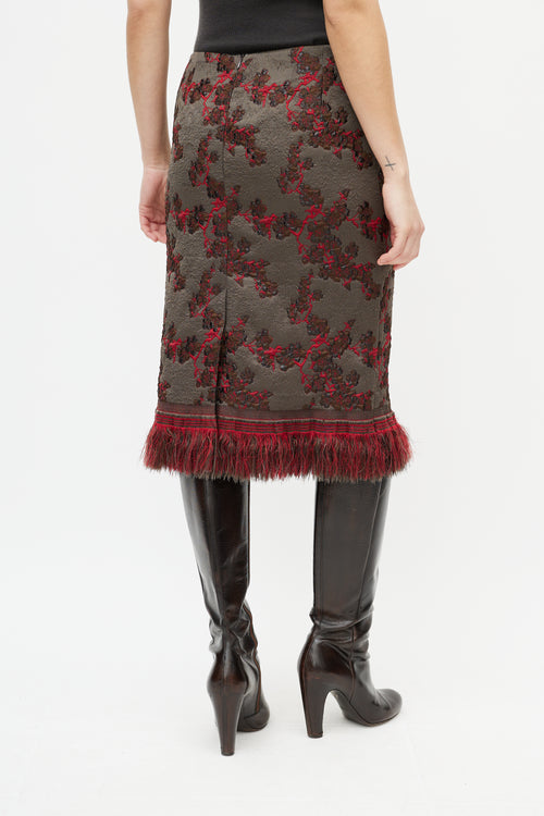 Dries Van Noten Grey 
Red Floral Jacquard Fringe Skirt