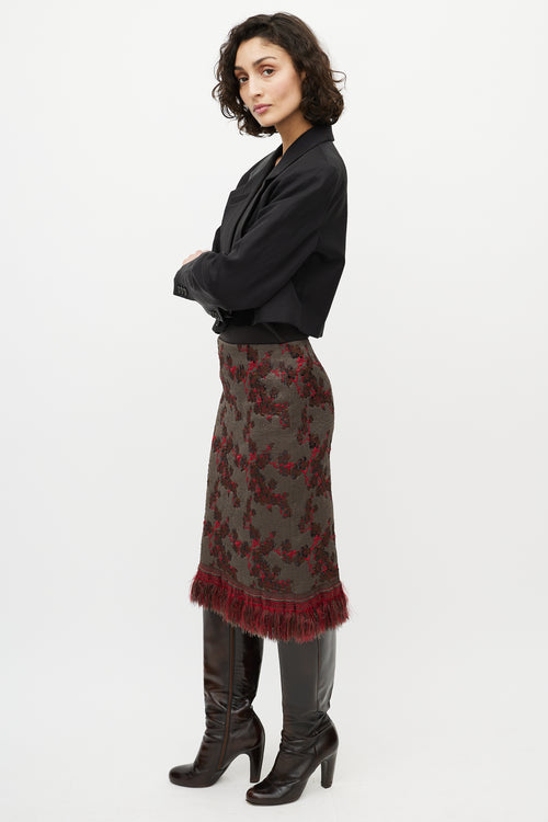 Dries Van Noten Grey 
Red Floral Jacquard Fringe Skirt