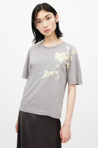 Dries Van Noten Grey 
Yellow Floral Embroidered T-Shirt