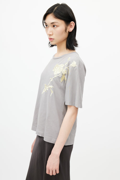 Dries Van Noten Grey 
Yellow Floral Embroidered T-Shirt