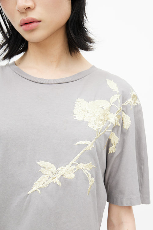 Dries Van Noten Grey 
Yellow Floral Embroidered T-Shirt