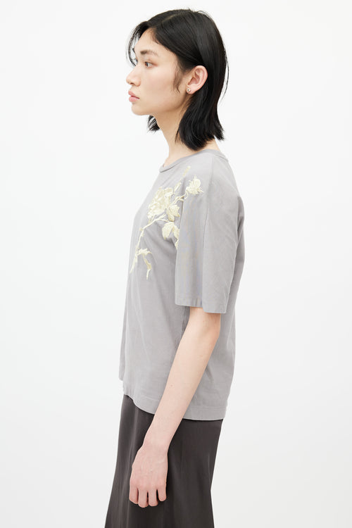 Dries Van Noten Grey 
Yellow Floral Embroidered T-Shirt