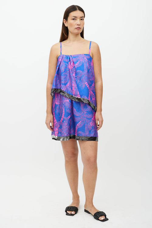 Dries Van Noten Blue 
Pink Palm Tree Pattern Dress