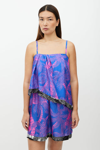 Dries Van Noten Blue 
Pink Palm Tree Pattern Dress