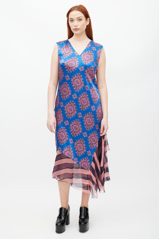 Dries Van Noten SS 2015 Blue 
Pink Patterned Silk Dress