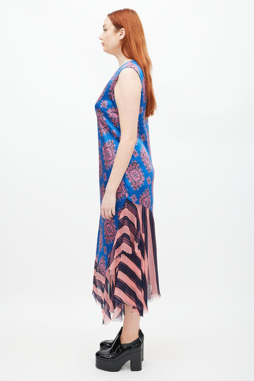 Dries Van Noten SS 2015 Blue 
Pink Patterned Silk Dress