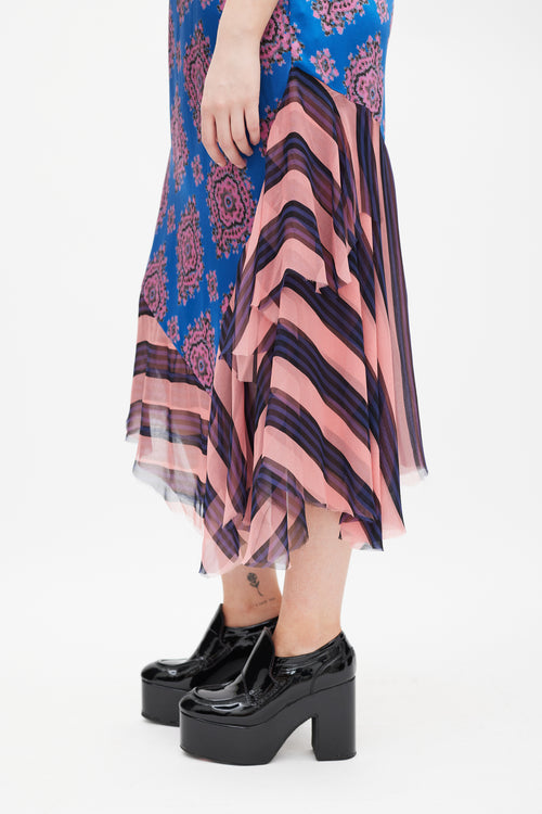 Dries Van Noten SS 2015 Blue 
Pink Patterned Silk Dress