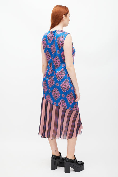 Dries Van Noten SS 2015 Blue 
Pink Patterned Silk Dress