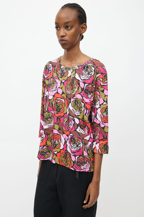 Dries Van Noten Multicolour Rose 3/4 Sleeve T-Shirt