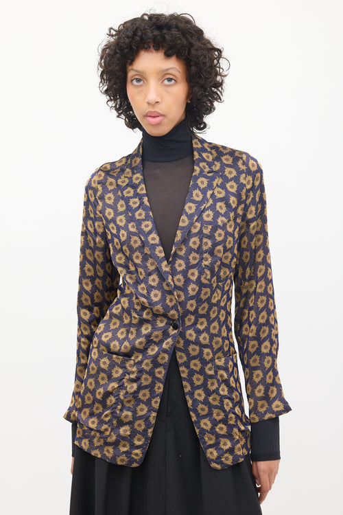 Dries Van Noten Navy 
Brown Silk Jacquard Floral Blazer