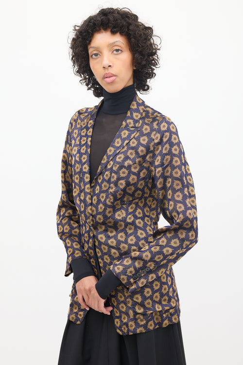 Dries Van Noten Navy 
Brown Silk Jacquard Floral Blazer