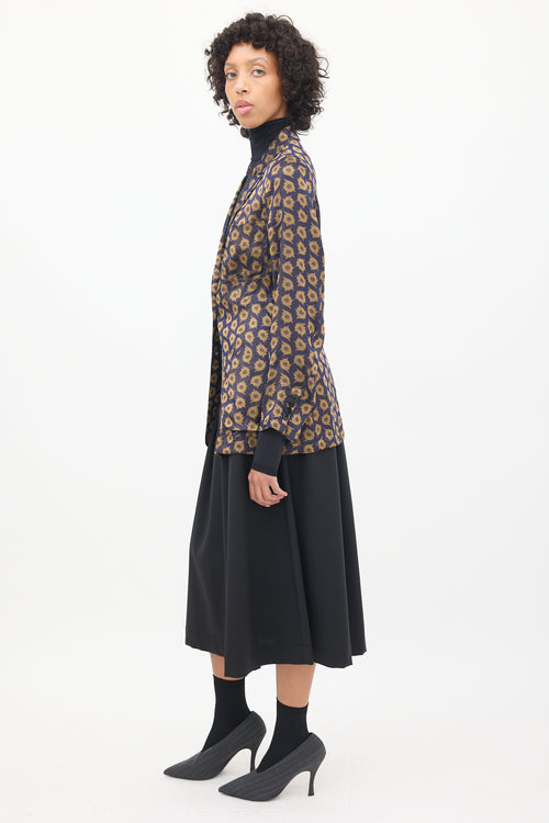 Dries Van Noten Navy 
Brown Silk Jacquard Floral Blazer