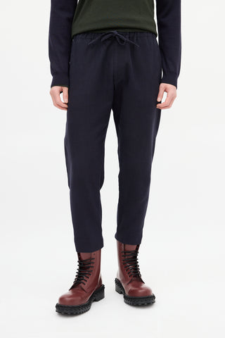 Dries Van Noten Navy Cotton 
Wool Pinstripe Drawstring Trouser