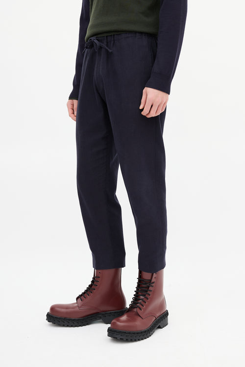 Dries Van Noten Navy Cotton 
Wool Pinstripe Drawstring Trouser