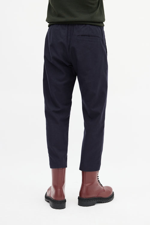 Dries Van Noten Navy Cotton 
Wool Pinstripe Drawstring Trouser