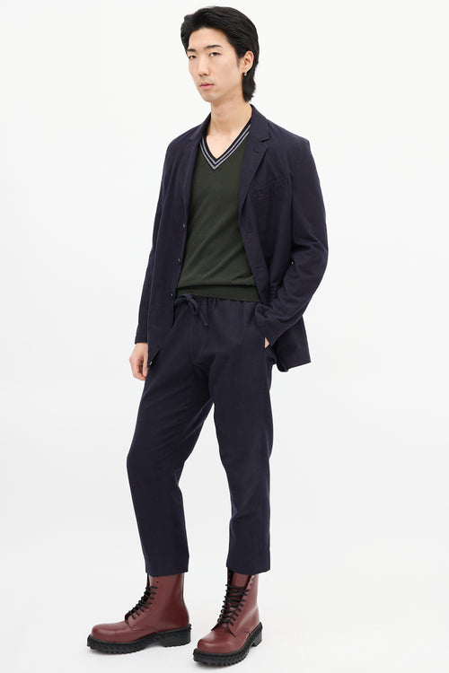 Dries Van Noten Navy Cotton 
Wool Pinstripe Drawstring Trouser