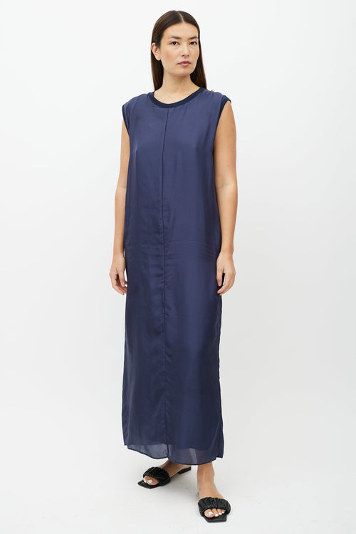 Dries Van Noten Navy Silk Blend Shift Maxi Dress