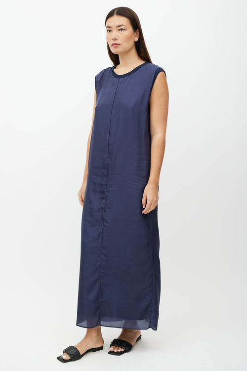 Dries Van Noten Navy Silk Blend Shift Maxi Dress