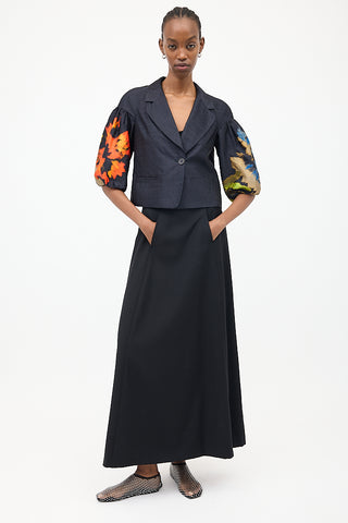 Dries Van Noten Navy 
Multi Silk Floral Puff Blazer