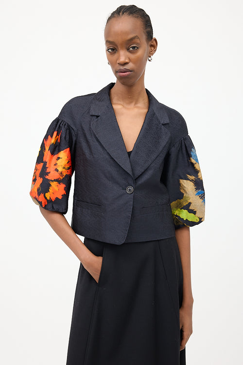 Dries Van Noten Navy 
Multi Silk Floral Puff Blazer