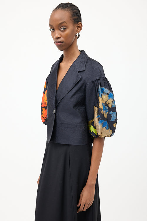 Dries Van Noten Navy 
Multi Silk Floral Puff Blazer