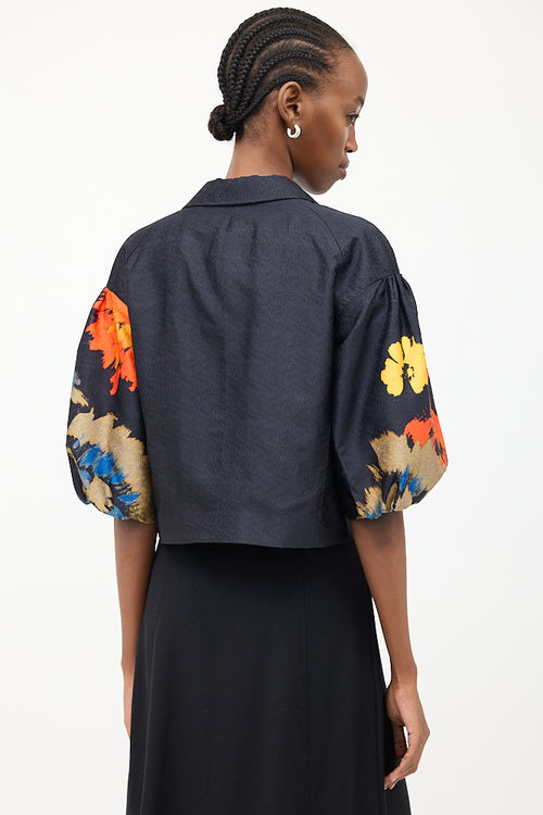 Dries Van Noten Navy 
Multi Silk Floral Puff Blazer