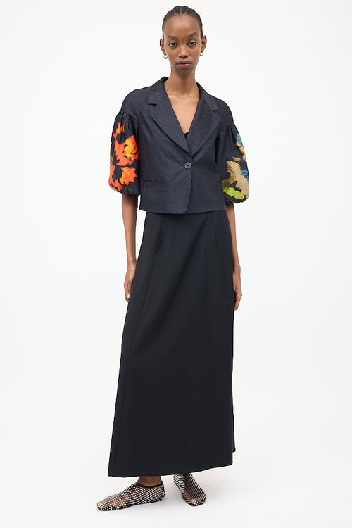 Dries Van Noten Navy 
Multi Silk Floral Puff Blazer