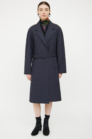 Dries Van Noten Navy Quilted Belted Coat