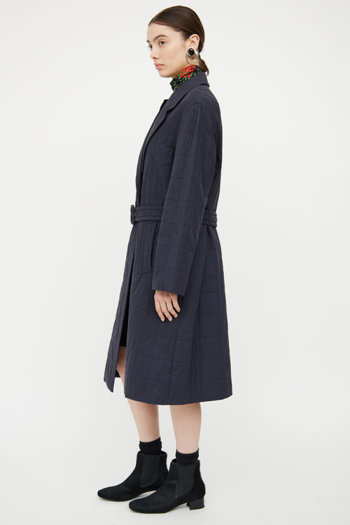 Dries Van Noten Navy Quilted Belted Coat