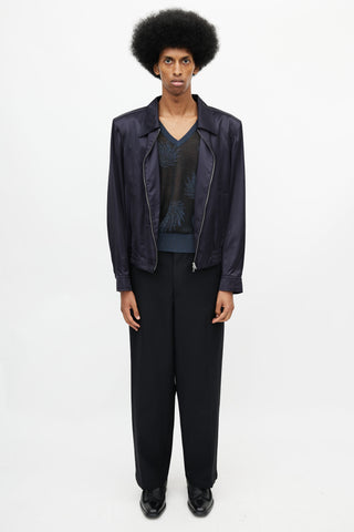 Dries Van Noten Navy Satin Bomber Jacket