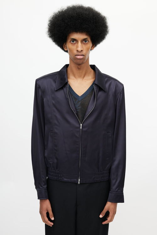 Dries Van Noten Navy Satin Bomber Jacket