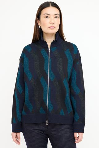 Dries Van Noten Navy Sparkly Wool Zip Sweater