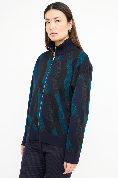 Dries Van Noten Navy Sparkly Wool Zip Sweater