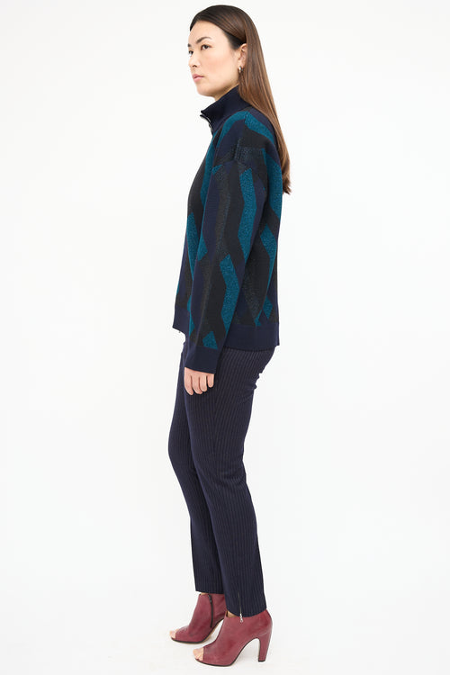 Dries Van Noten Navy Sparkly Wool Zip Sweater