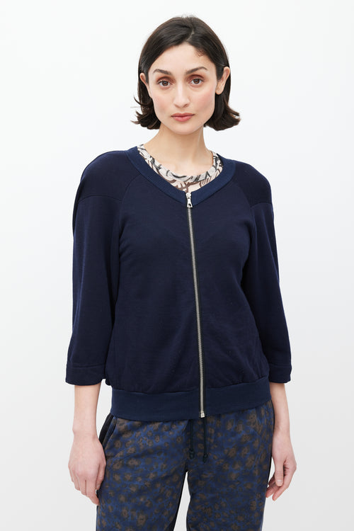 Dries Van Noten Navy Three Quarter Sleeve Zip Sweater