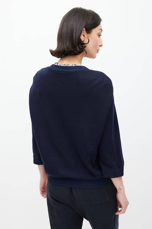 Dries Van Noten Navy Three Quarter Sleeve Zip Sweater