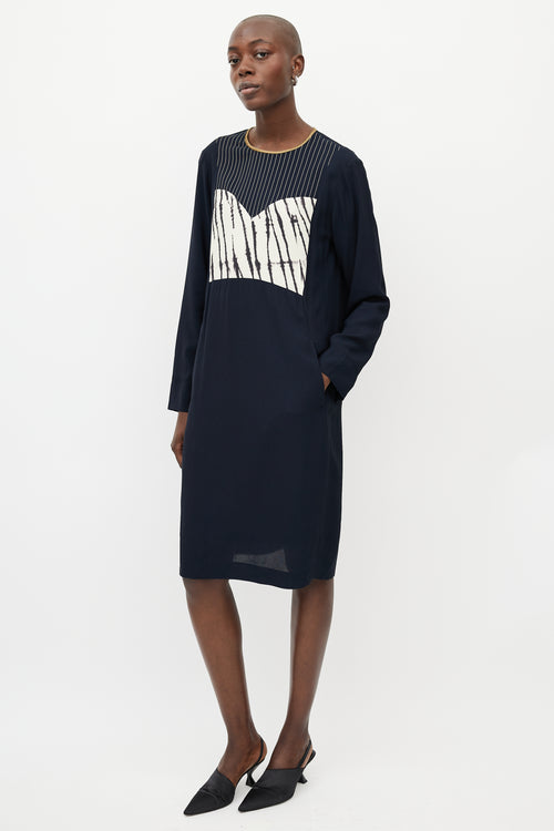 Dries Van Noten Navy 
White Print Shift Dress