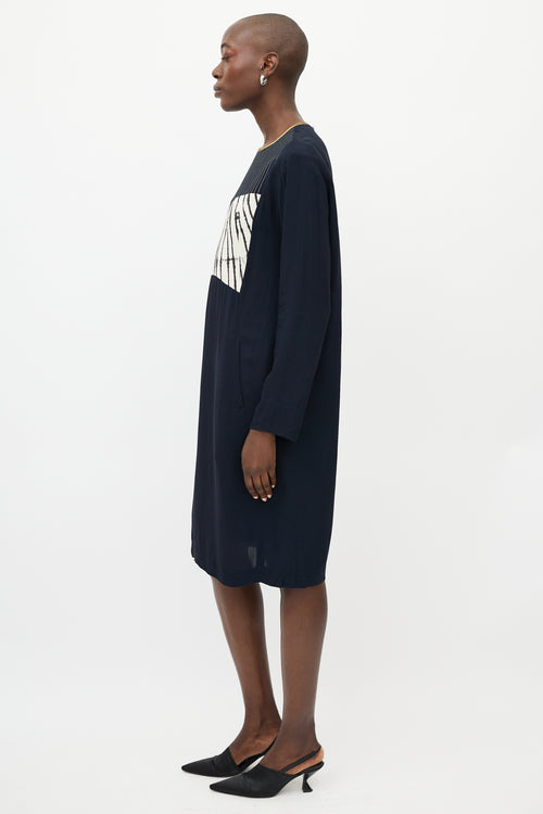 Dries Van Noten Navy 
White Print Shift Dress