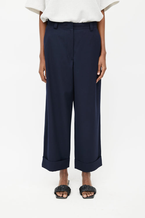 Dries Van Noten Navy Wool Wide Leg Trouser