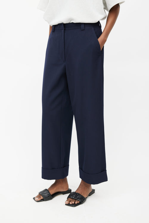 Dries Van Noten Navy Wool Wide Leg Trouser