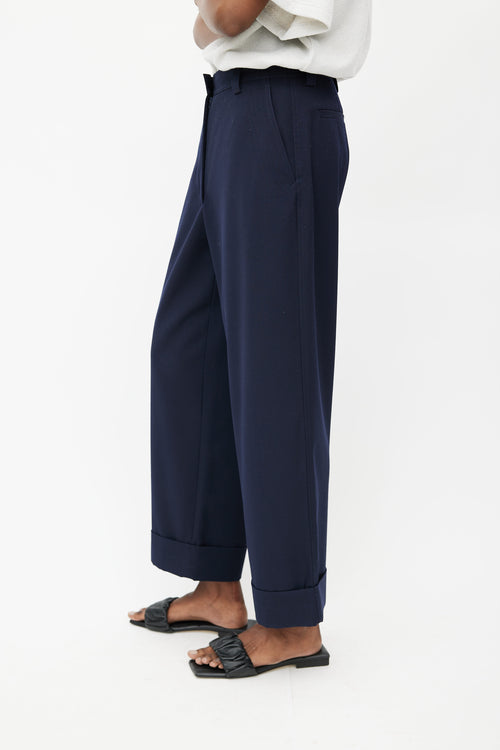 Dries Van Noten Navy Wool Wide Leg Trouser