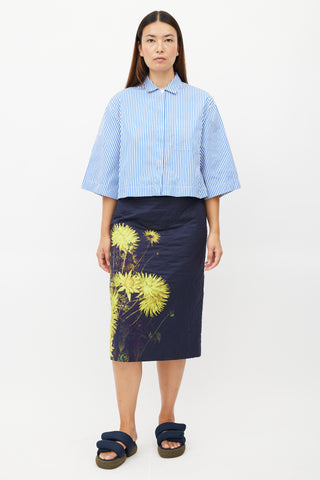 Dries Van Noten Navy 
Yellow Floral Quilted Skirt