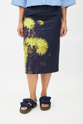 Dries Van Noten Navy 
Yellow Floral Quilted Skirt