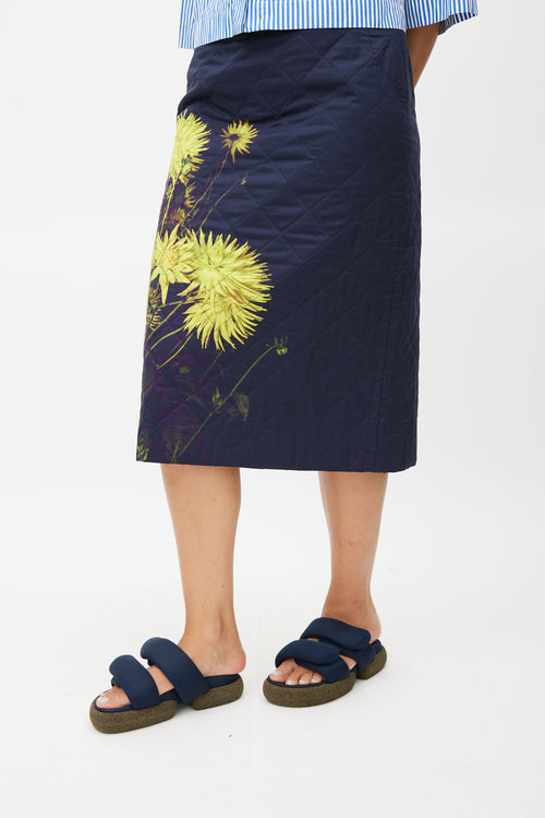 Dries Van Noten Navy 
Yellow Floral Quilted Skirt