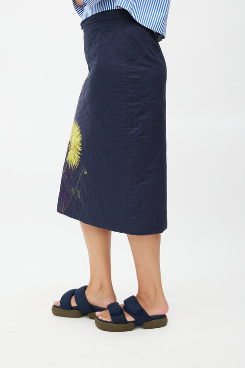 Dries Van Noten Navy 
Yellow Floral Quilted Skirt